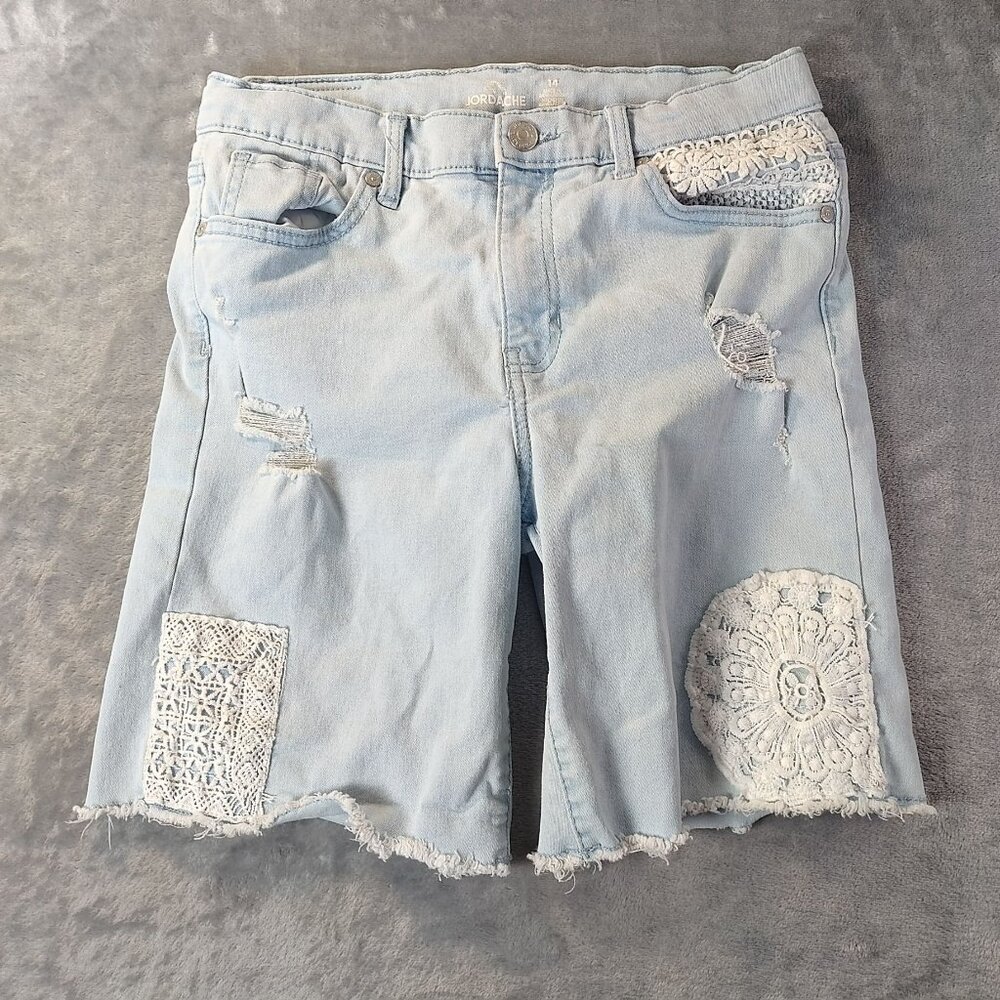 Jordache Girl Kidcore‎ Bermuda JeanShorts 14 Light Wash Distressed Lace Casual